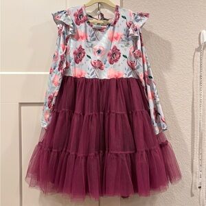 Floral Long Sleeve Dress with Burgundy Tulle